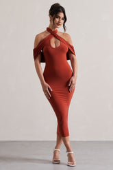 Terracotta Bodycon Halter-Neck Midi Dress With Cut-Out